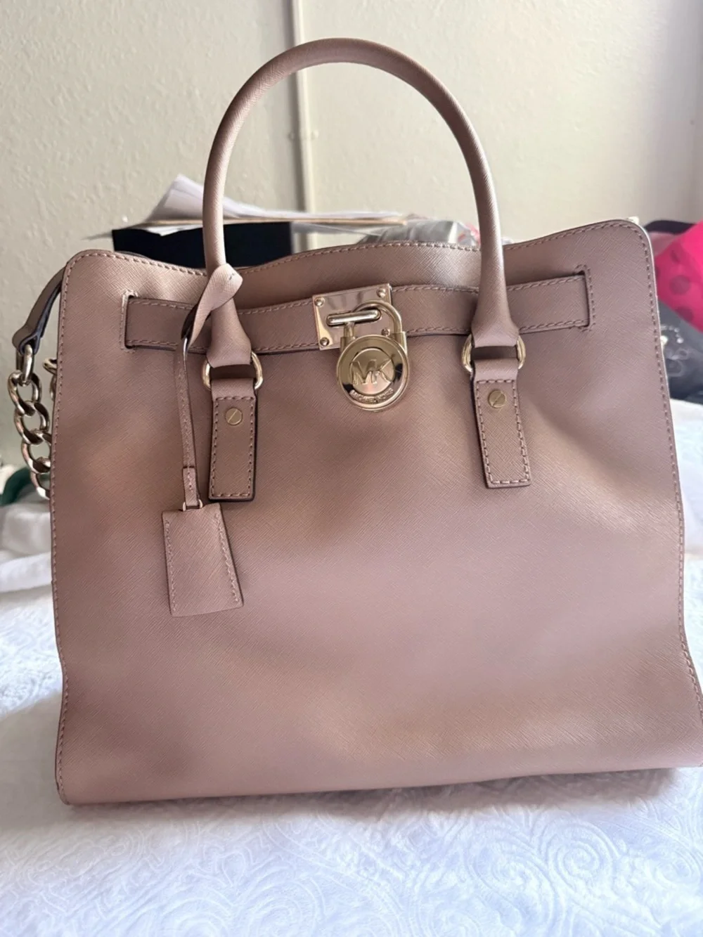 Michael Kors Blush Pink Hamilton Tote Bag Gold Lock Key Saffiano Leather